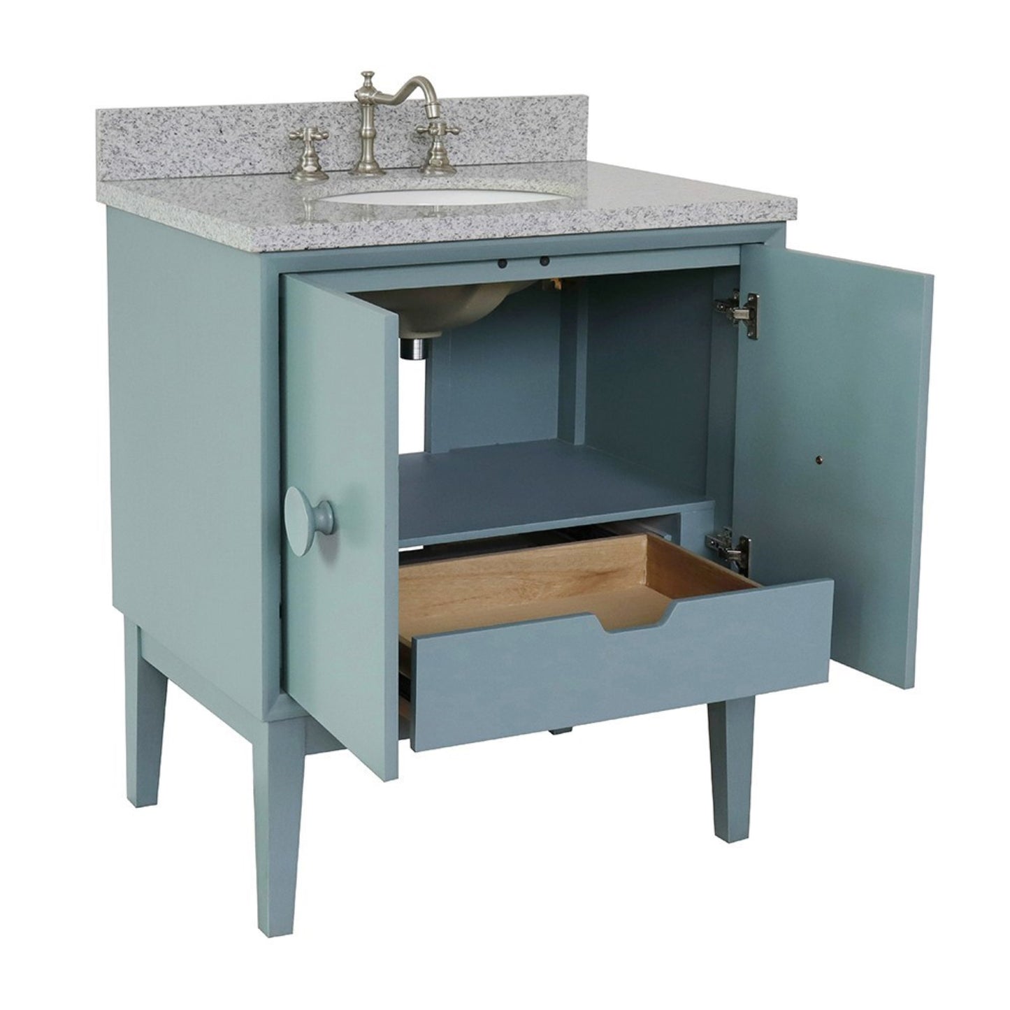 31" Single vanity in Aqua Blue finish with Gray granite top and oval sink