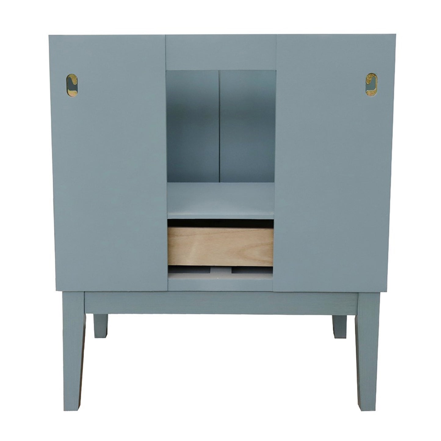 31" Single vanity in Aqua Blue finish with Gray granite top and oval sink