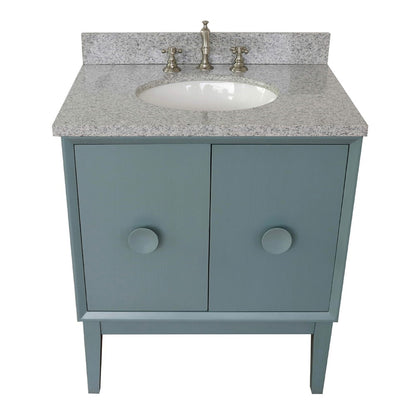 31" Single vanity in Aqua Blue finish with Gray granite top and oval sink