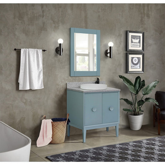 31" Single vanity in Aqua Blue finish with Gray granite top and round sink