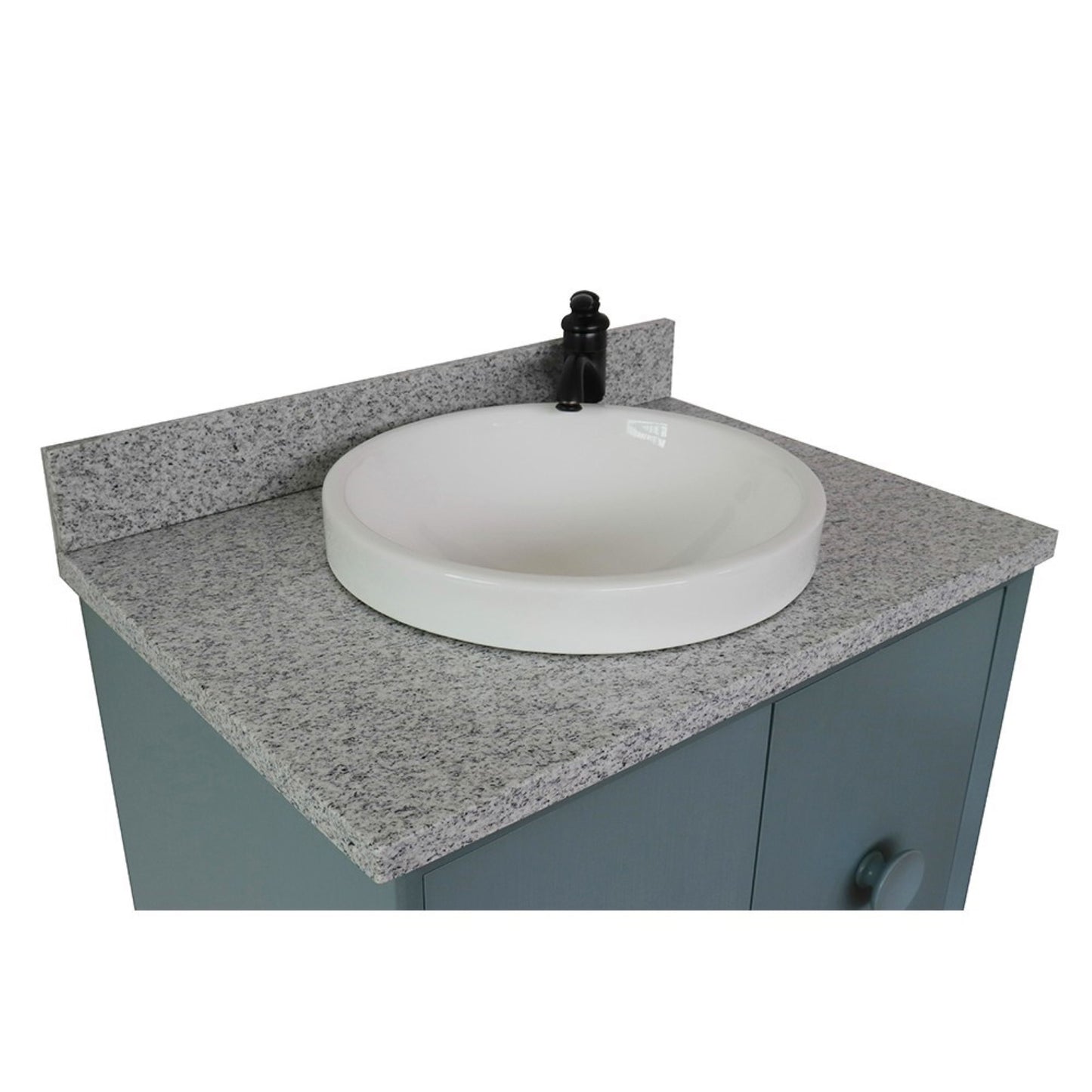 31" Single vanity in Aqua Blue finish with Gray granite top and round sink