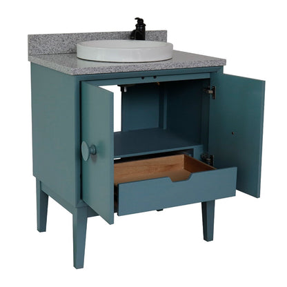 31" Single vanity in Aqua Blue finish with Gray granite top and round sink