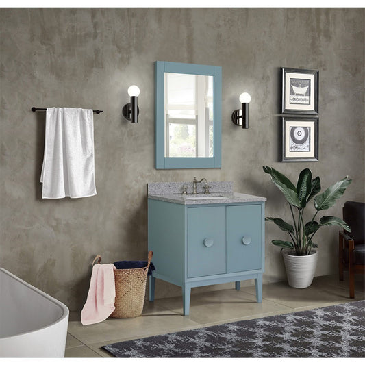 31" Single vanity in Aqua Blue finish with Gray granite top and rectangle sink