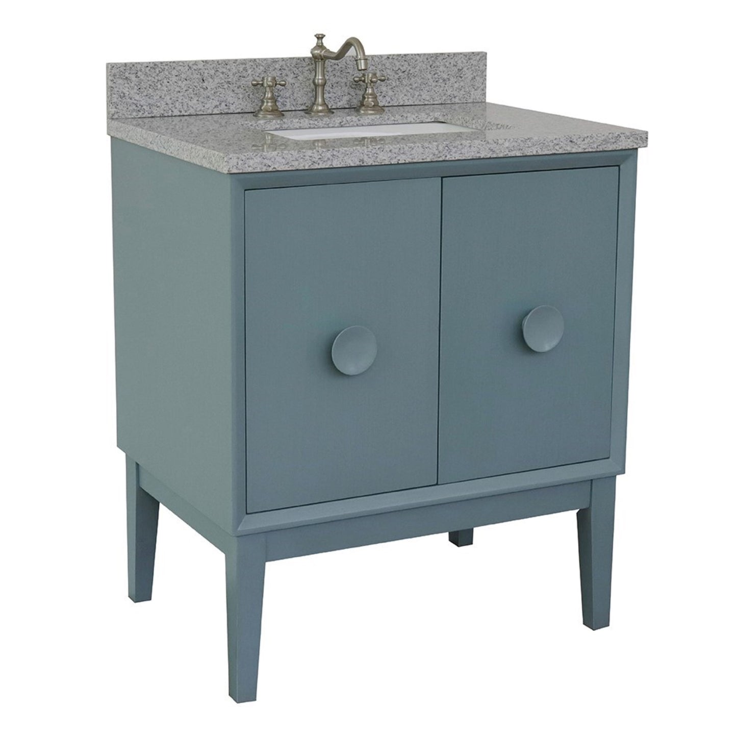 31" Single vanity in Aqua Blue finish with Gray granite top and rectangle sink