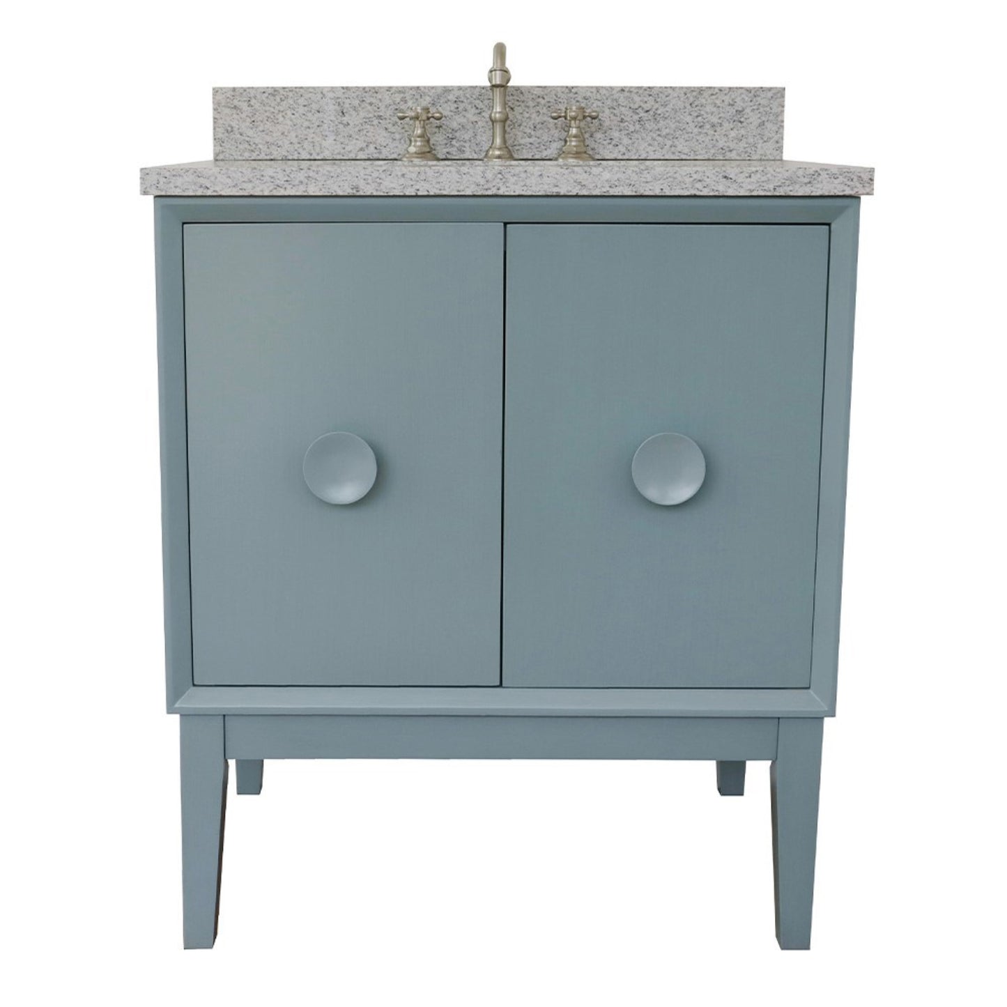 31" Single vanity in Aqua Blue finish with Gray granite top and rectangle sink