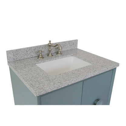 31" Single vanity in Aqua Blue finish with Gray granite top and rectangle sink