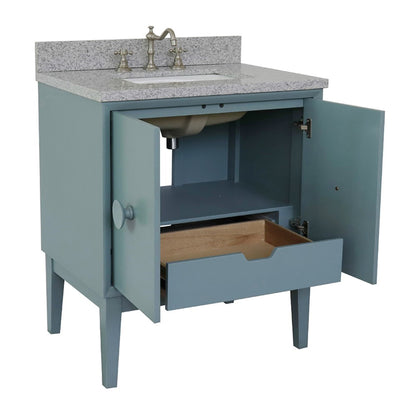 31" Single vanity in Aqua Blue finish with Gray granite top and rectangle sink