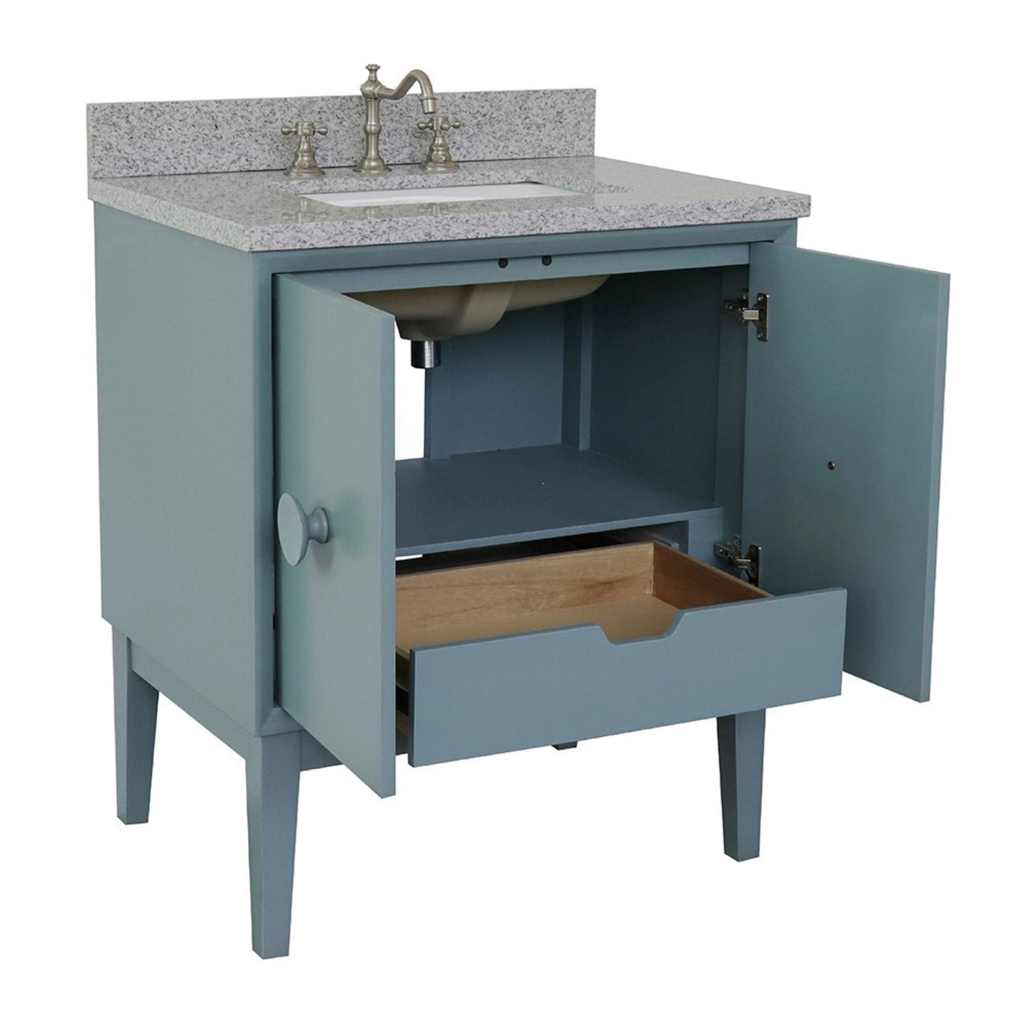 31" Single vanity in Aqua Blue finish with Gray granite top and rectangle sink