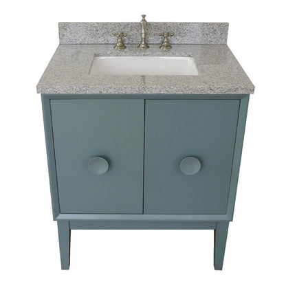 31" Single vanity in Aqua Blue finish with Gray granite top and rectangle sink