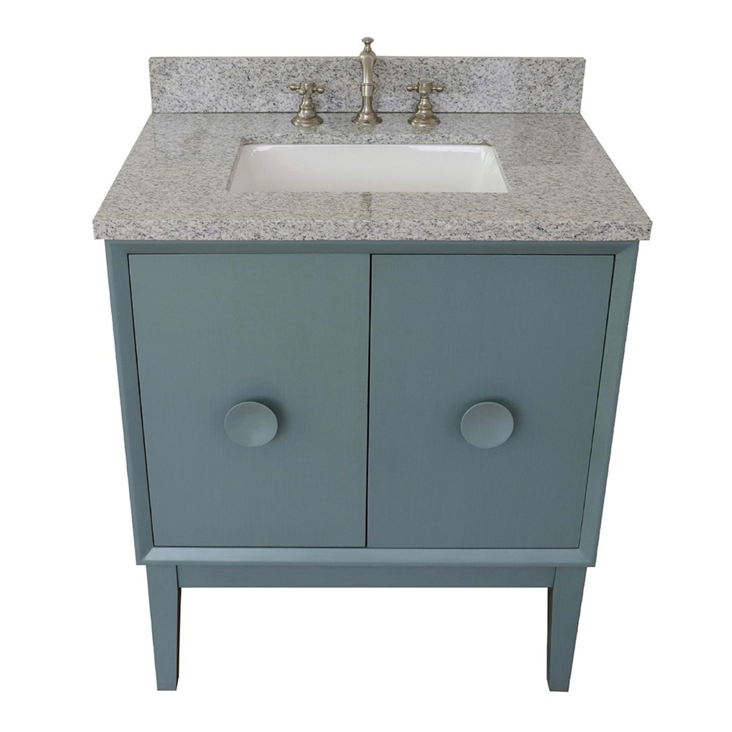 31" Single vanity in Aqua Blue finish with Gray granite top and rectangle sink