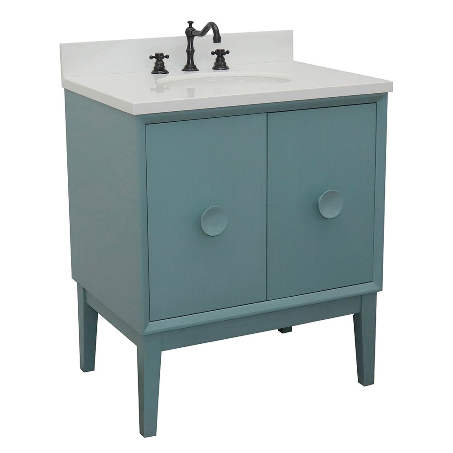 31" Single vanity in Aqua Blue finish with White engineered stone top and oval sink