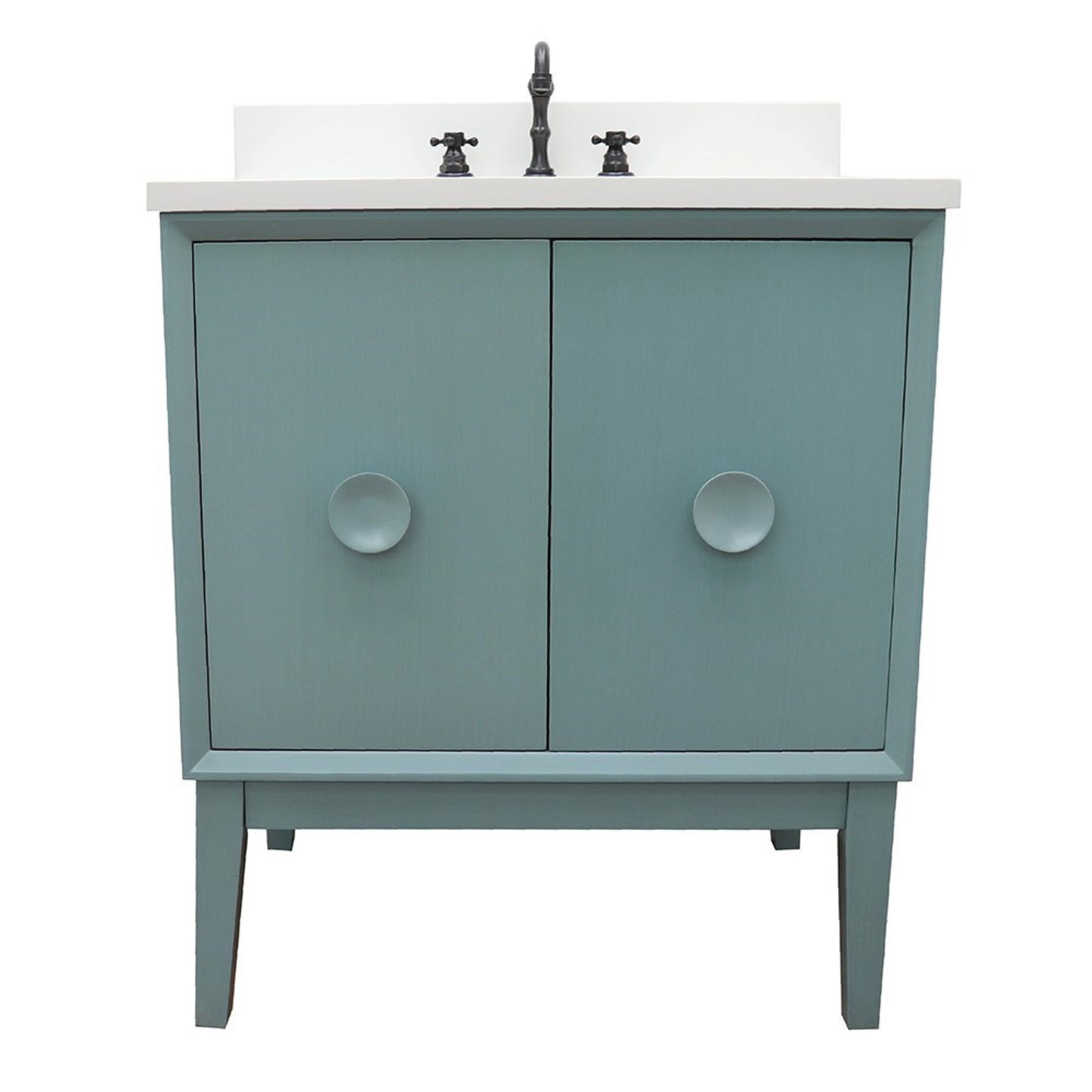 31" Single vanity in Aqua Blue finish with White engineered stone top and oval sink