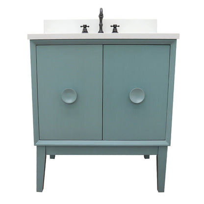 31" Single vanity in Aqua Blue finish with White engineered stone top and oval sink