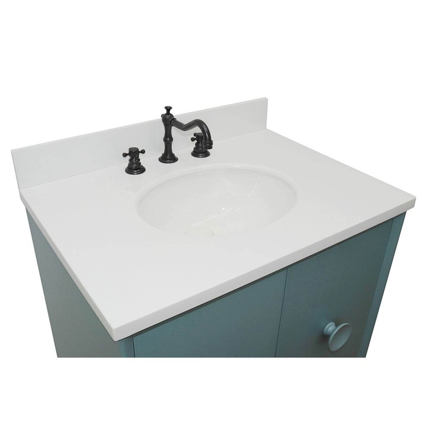 31" Single vanity in Aqua Blue finish with White engineered stone top and oval sink