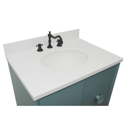 31" Single vanity in Aqua Blue finish with White engineered stone top and oval sink