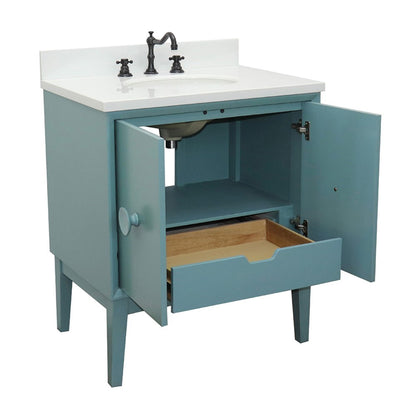 31" Single vanity in Aqua Blue finish with White engineered stone top and oval sink