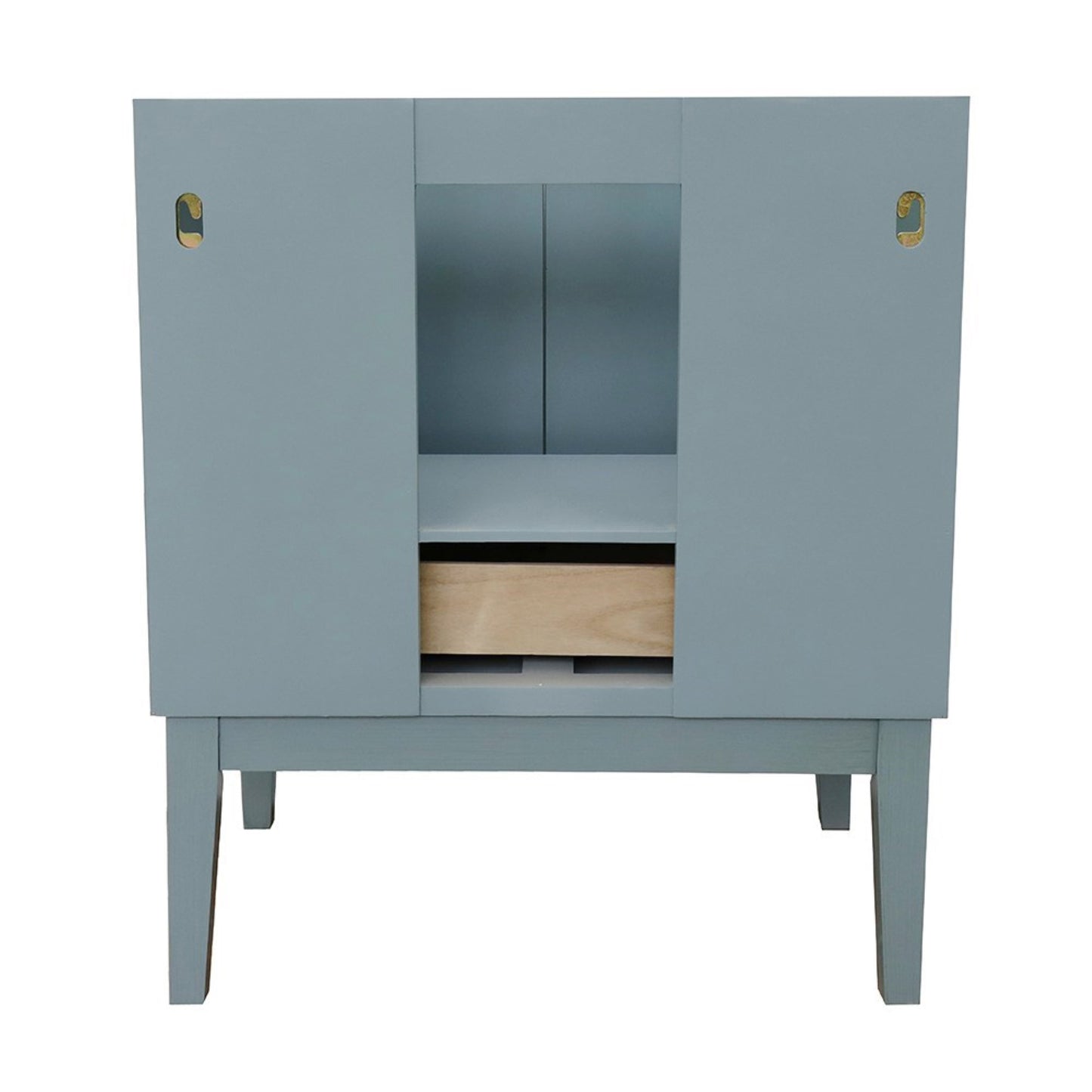 31" Single vanity in Aqua Blue finish with White engineered stone top and oval sink