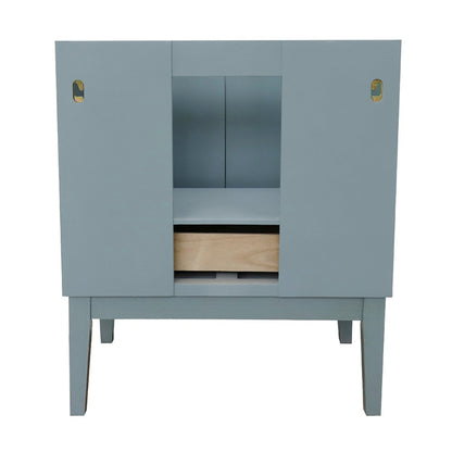 31" Single vanity in Aqua Blue finish with White engineered stone top and oval sink