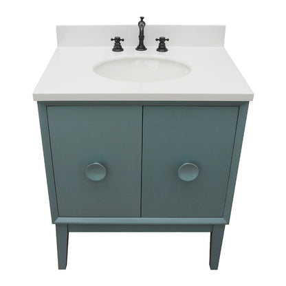 31" Single vanity in Aqua Blue finish with White engineered stone top and oval sink