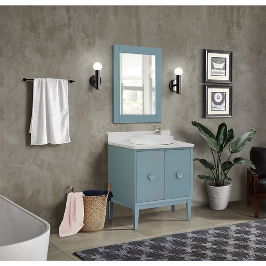 31" Single vanity in Aqua Blue finish with White engineered stone top and round sink