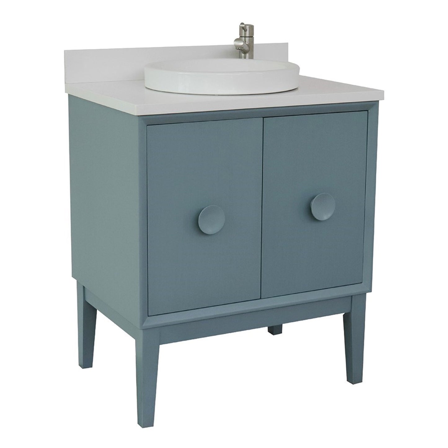 31" Single vanity in Aqua Blue finish with White engineered stone top and round sink