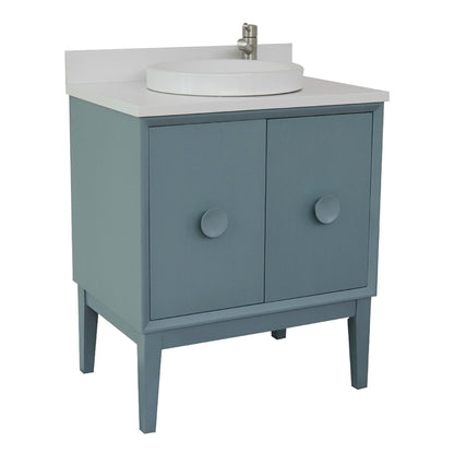 31" Single vanity in Aqua Blue finish with White engineered stone top and round sink