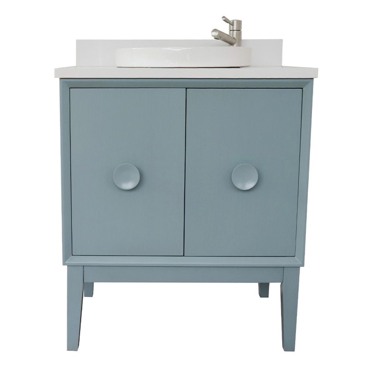 31" Single vanity in Aqua Blue finish with White engineered stone top and round sink