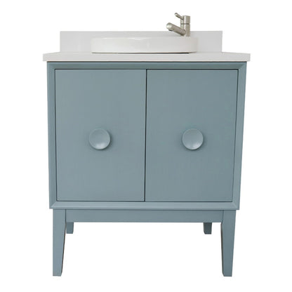 31" Single vanity in Aqua Blue finish with White engineered stone top and round sink