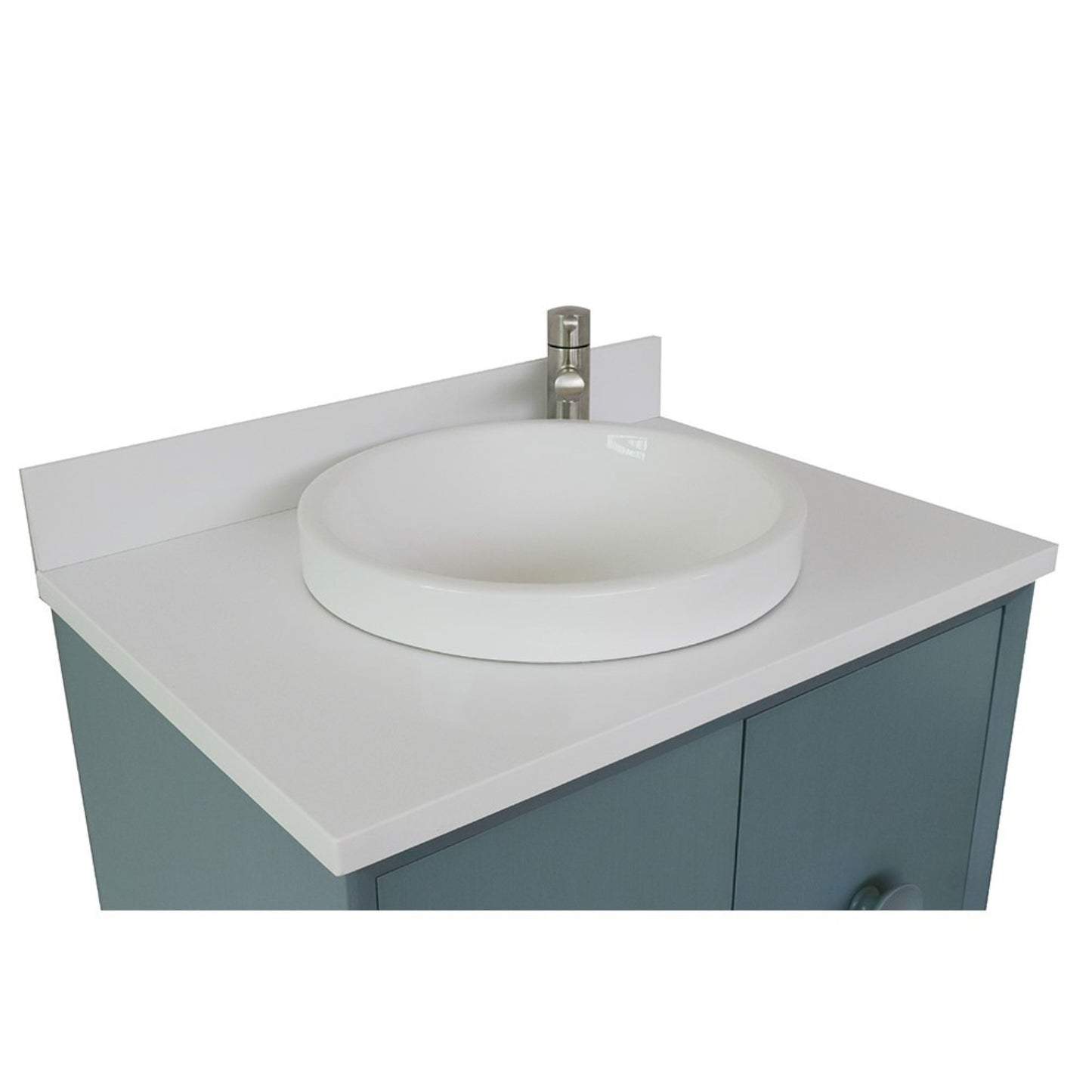 31" Single vanity in Aqua Blue finish with White engineered stone top and round sink
