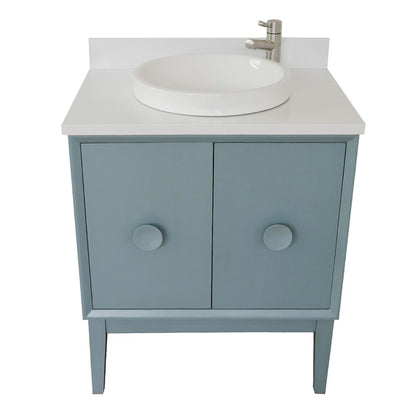 31" Single vanity in Aqua Blue finish with White engineered stone top and round sink