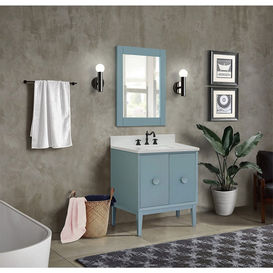 31" Single vanity in Aqua Blue finish with White engineered stone top and rectangle sink