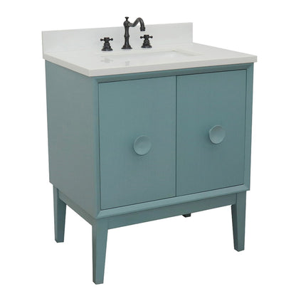 31" Single vanity in Aqua Blue finish with White engineered stone top and rectangle sink