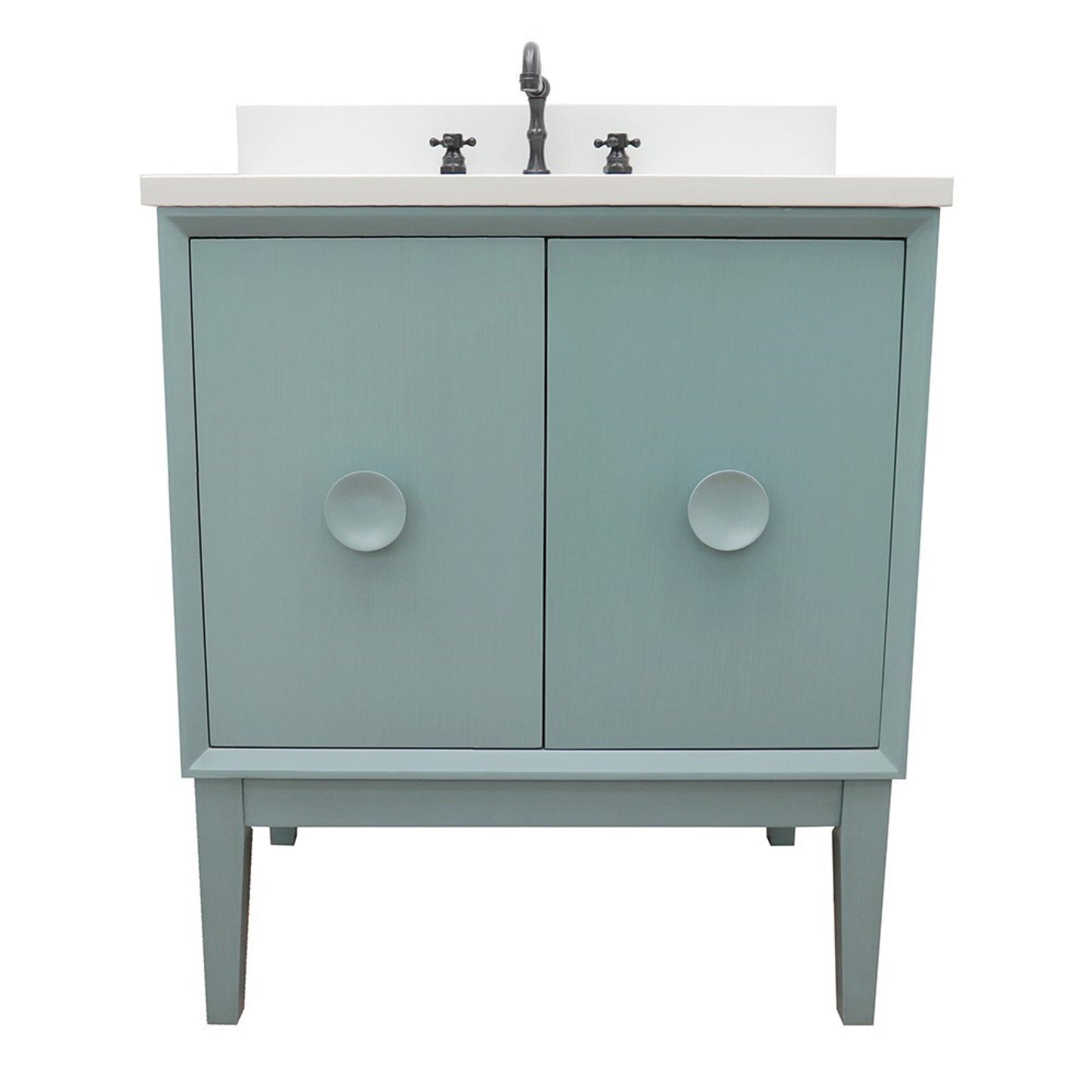 31" Single vanity in Aqua Blue finish with White engineered stone top and rectangle sink