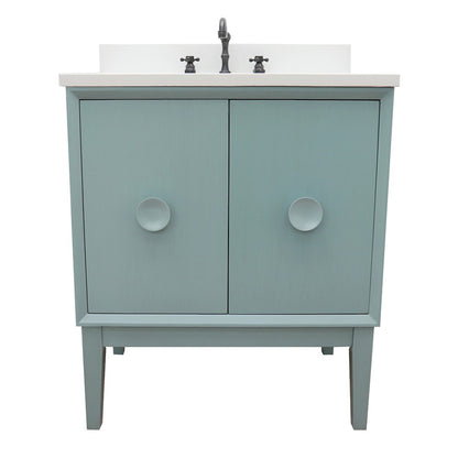 31" Single vanity in Aqua Blue finish with White engineered stone top and rectangle sink