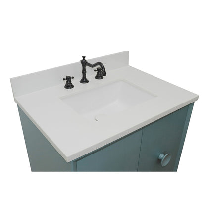 31" Single vanity in Aqua Blue finish with White engineered stone top and rectangle sink