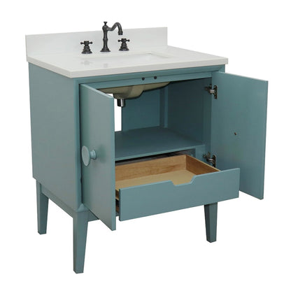 31" Single vanity in Aqua Blue finish with White engineered stone top and rectangle sink