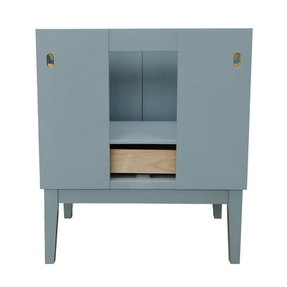 31" Single vanity in Aqua Blue finish with White engineered stone top and rectangle sink