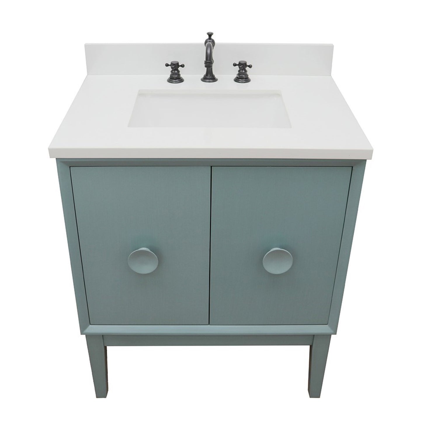 31" Single vanity in Aqua Blue finish with White engineered stone top and rectangle sink