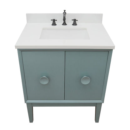 31" Single vanity in Aqua Blue finish with White engineered stone top and rectangle sink
