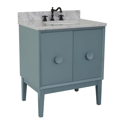 31" Single vanity in Aqua Blue finish with White Carrara top and oval sink