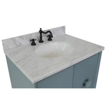 31" Single vanity in Aqua Blue finish with White Carrara top and oval sink