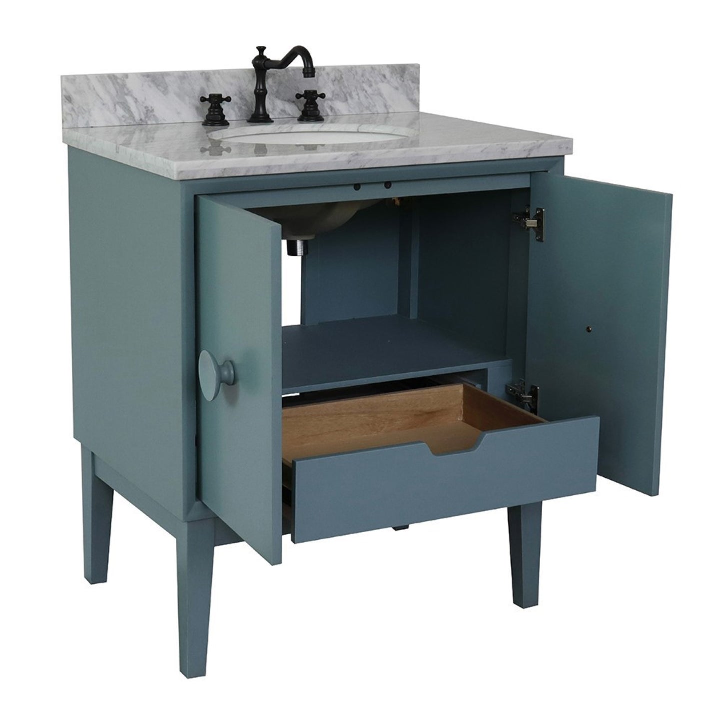 31" Single vanity in Aqua Blue finish with White Carrara top and oval sink