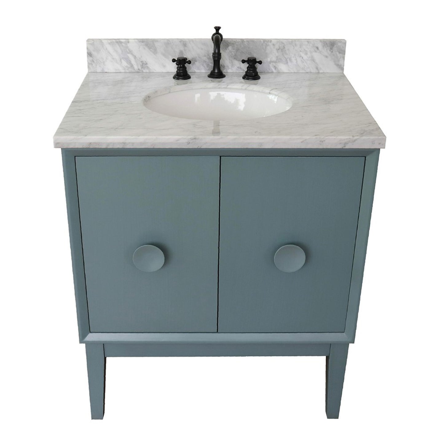 31" Single vanity in Aqua Blue finish with White Carrara top and oval sink
