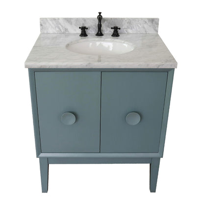 31" Single vanity in Aqua Blue finish with White Carrara top and oval sink