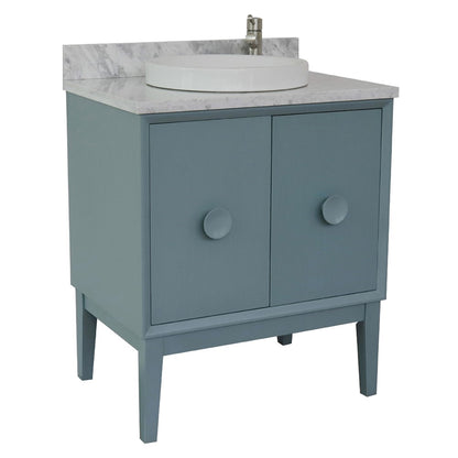 31" Single vanity in Aqua Blue finish with White Carrara top and round sink