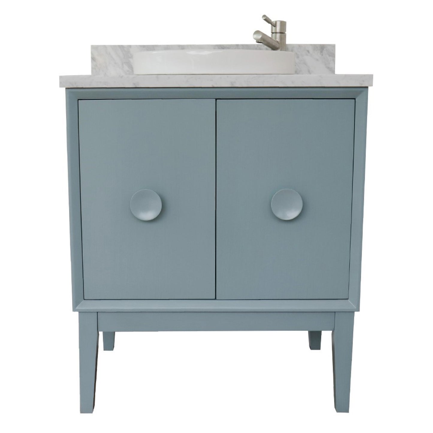 31" Single vanity in Aqua Blue finish with White Carrara top and round sink