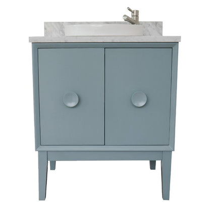 31" Single vanity in Aqua Blue finish with White Carrara top and round sink