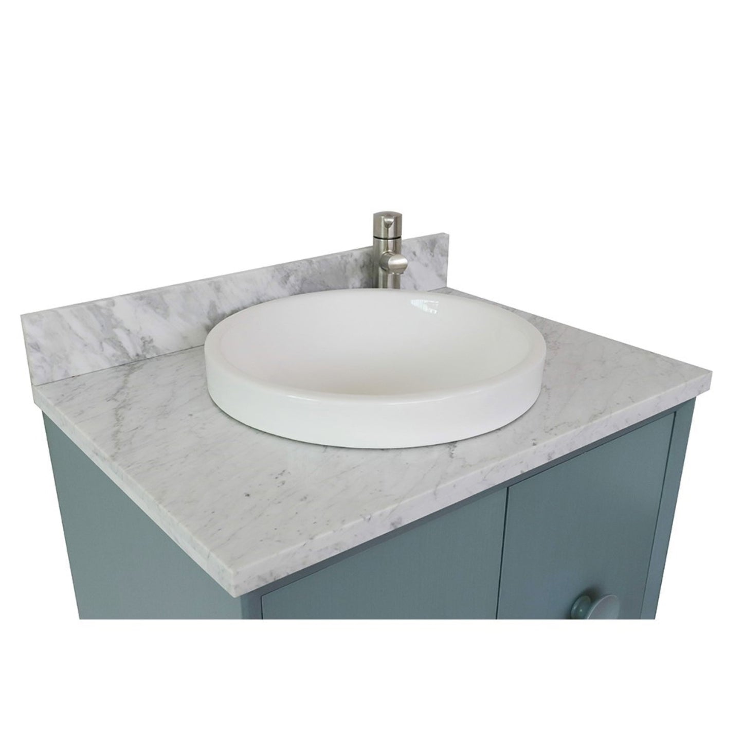 31" Single vanity in Aqua Blue finish with White Carrara top and round sink