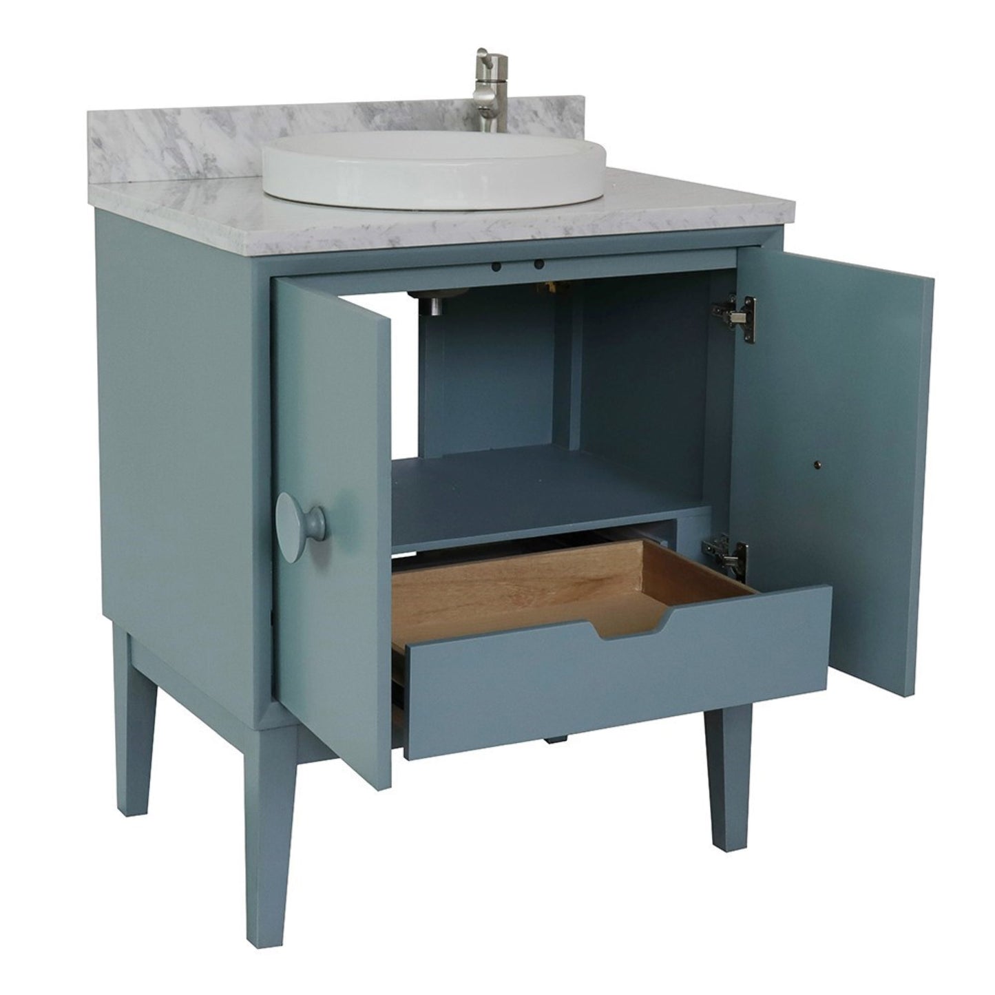 31" Single vanity in Aqua Blue finish with White Carrara top and round sink