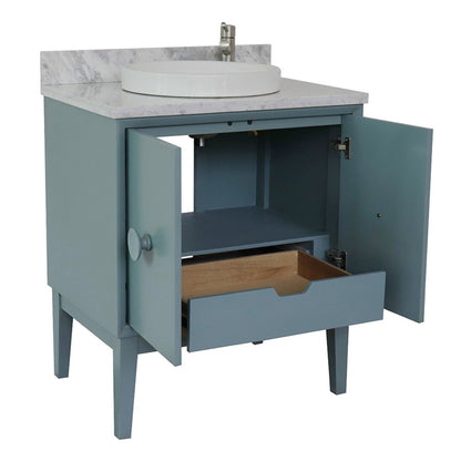 31" Single vanity in Aqua Blue finish with White Carrara top and round sink